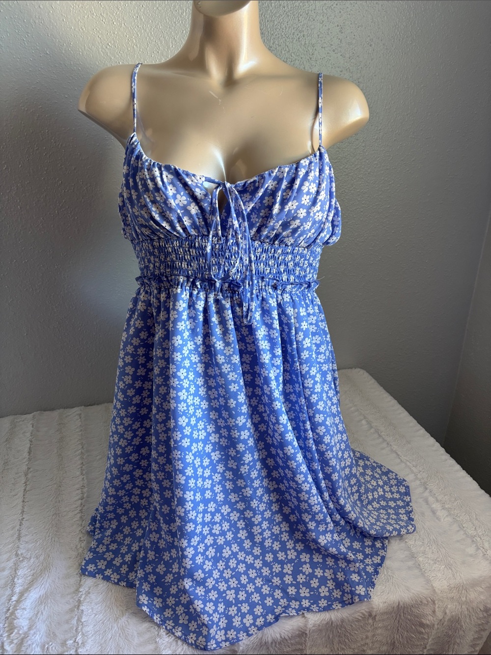 Love Tree Blue and White Smocked Top